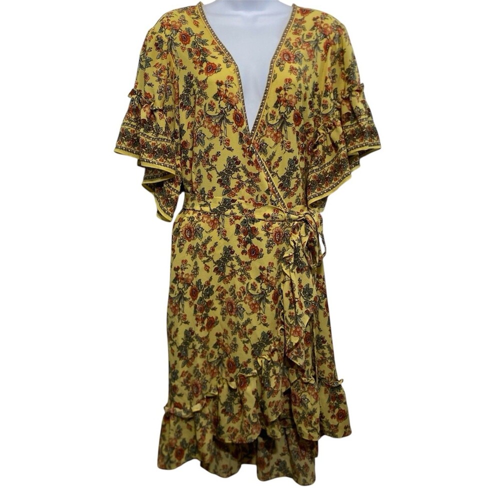 Max Studio Wrap Dress Womens Size XL Yellow Floral Midi Short Bell Sleeve Ruffle